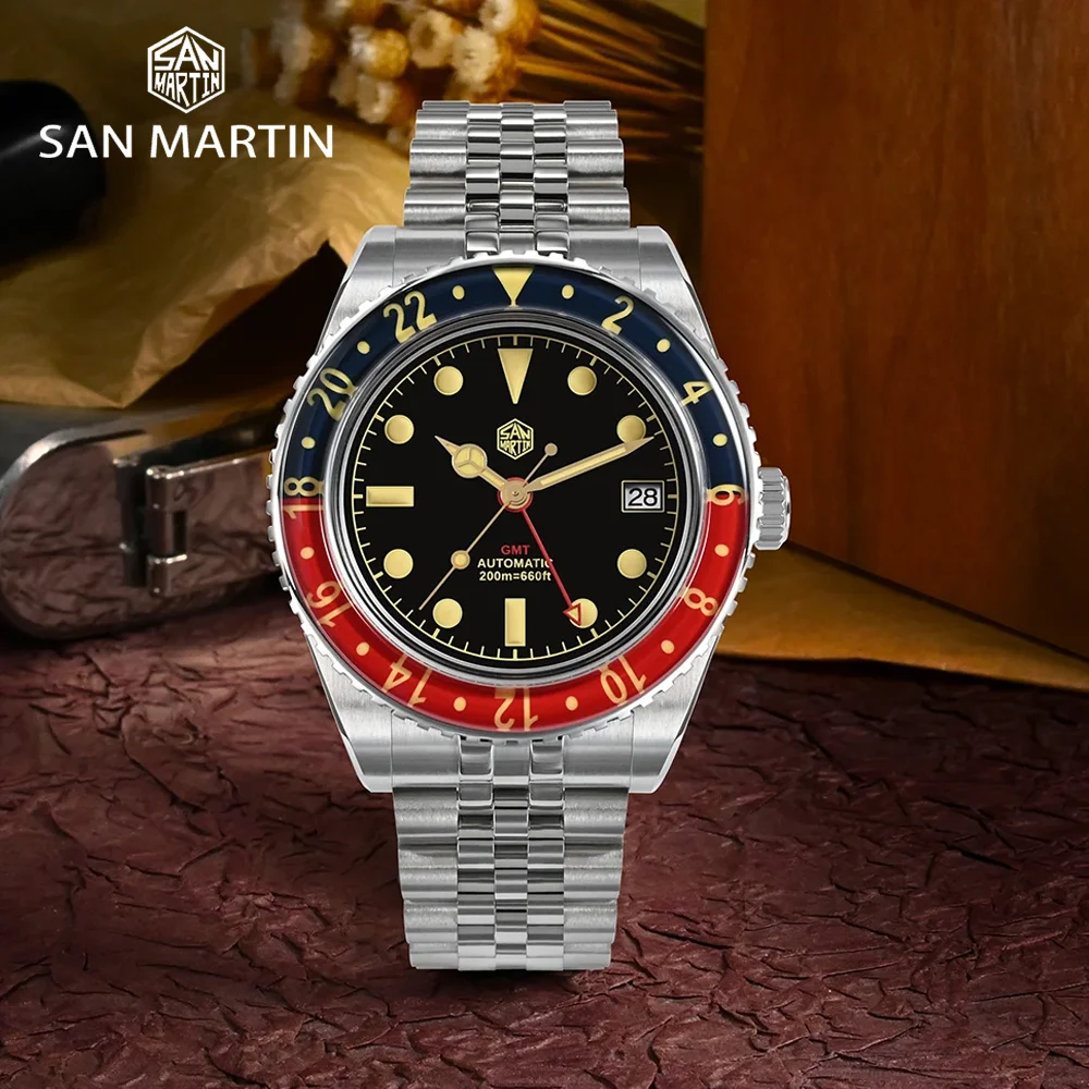 San Martin Original New 40mm GMT Men Luxury Business Sports Style Luminous Sapphire Bezel Automatic Mechanical Watch Watertight