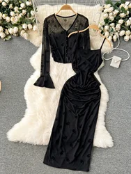 Foamlina Women Sexy Black 2 Pieces Set See Through Floral Flare Sleeve Blouse and Spaghetti Strap Wrinkled Mesh Midi Dress Suits