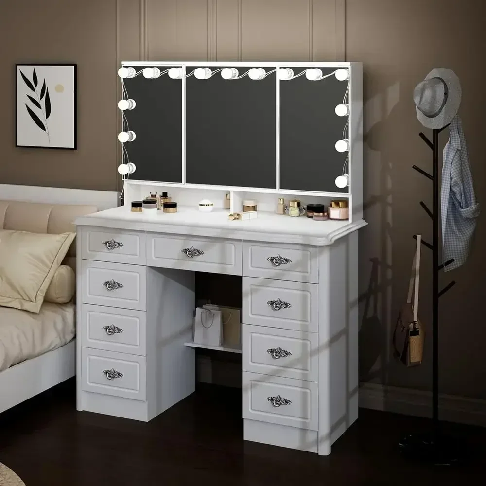 Large Vanity Desk with Open Mirror, Bulb Lights, Drawers and Shelves, Rose-Shaped Crystal Handles, White (43.3W x 18.1D x 54.1H)