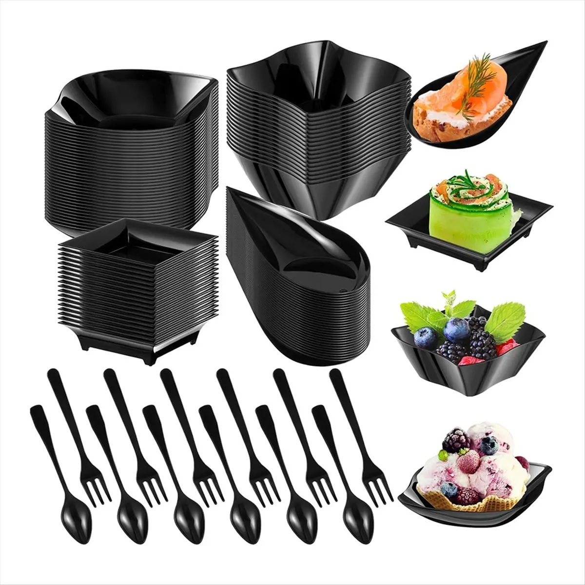 ABNH 200 Pcs Mini Appetizer Plates with Spoons Forks Disposable Mini Dessert Plates Plastic Appetizer Bowls Tiny Black