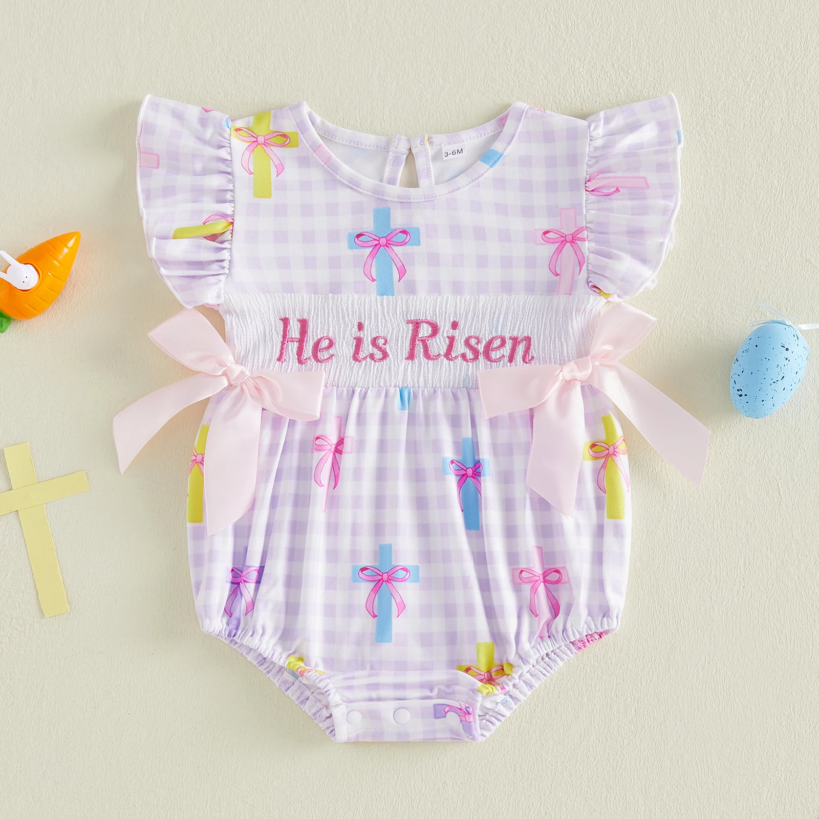Baby Girls Easter Romper Ruffled Trim Letter Embroidered Cross Print Bows Plaid Smocked Flying Sleeve Bodysuits Baby Jumpsuit