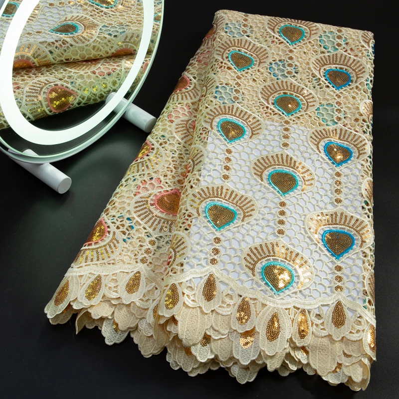 

Latest Nigerian Guipure Cord Lace Fabric With Sequins African Multicolored Embroidery Lace Fabric For Evening Party Women A3336