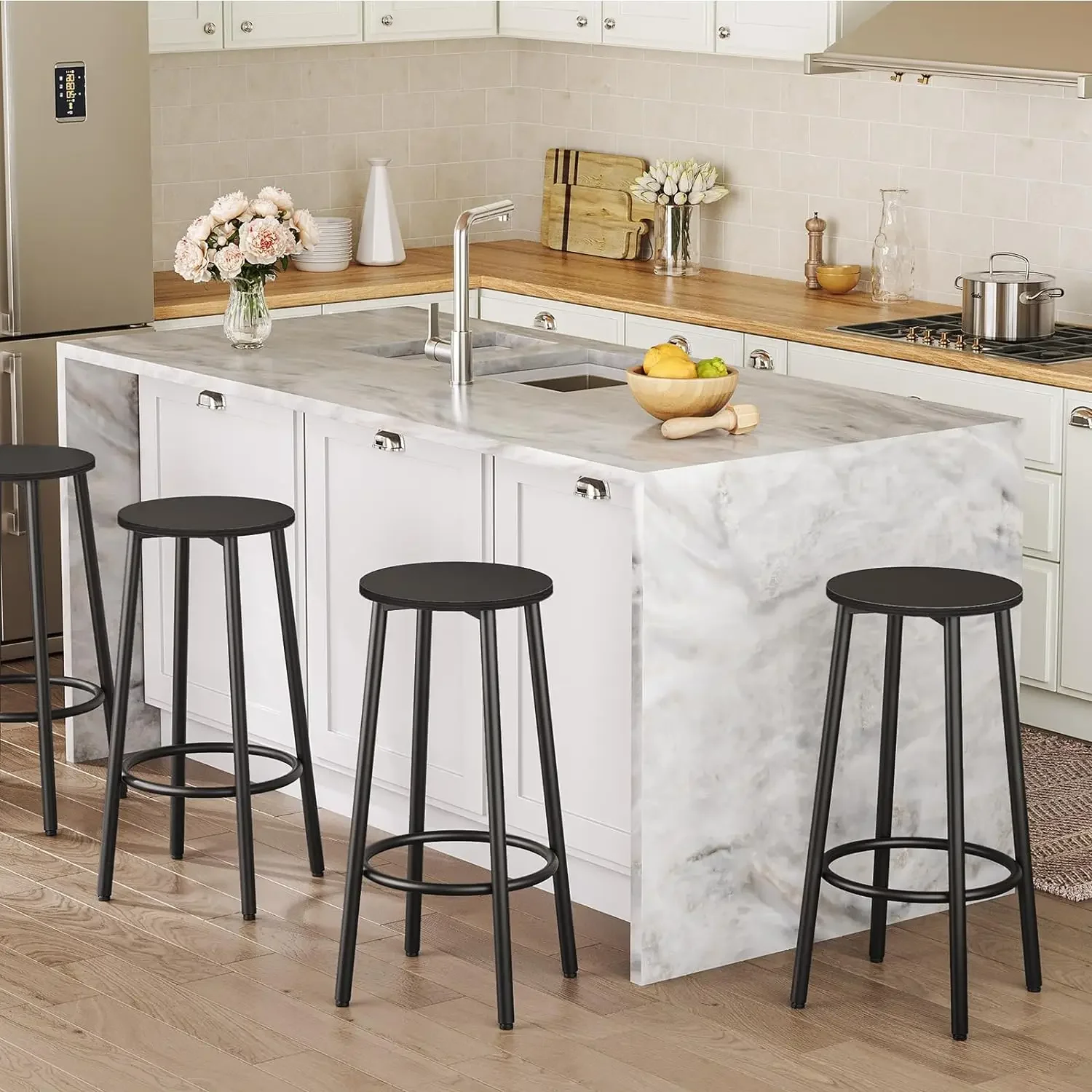 Bar Stools, Set of 2 Bar Chairs, Kitchen Round Height Stools with Footrest, Breakfast Bar Stools, Sturdy Steel Frame, for