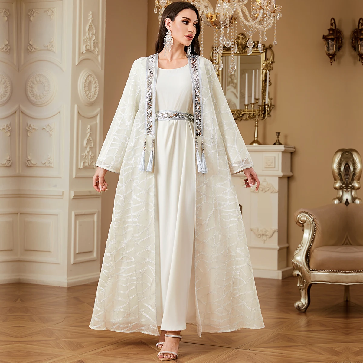 

Марокко Абая Ид женское платье комплект из 2 предметов с блестками мусульманские комплекты праздничное платье турецкий кафтан платье Рамадана халат Vestido длинные платья