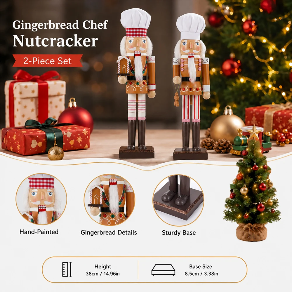 38CM Christmas Nutcracker Gingerbread Man SET Chef Series Wooden Ornament Soldier Handcraft Doll Toy Home Desktop Decoration