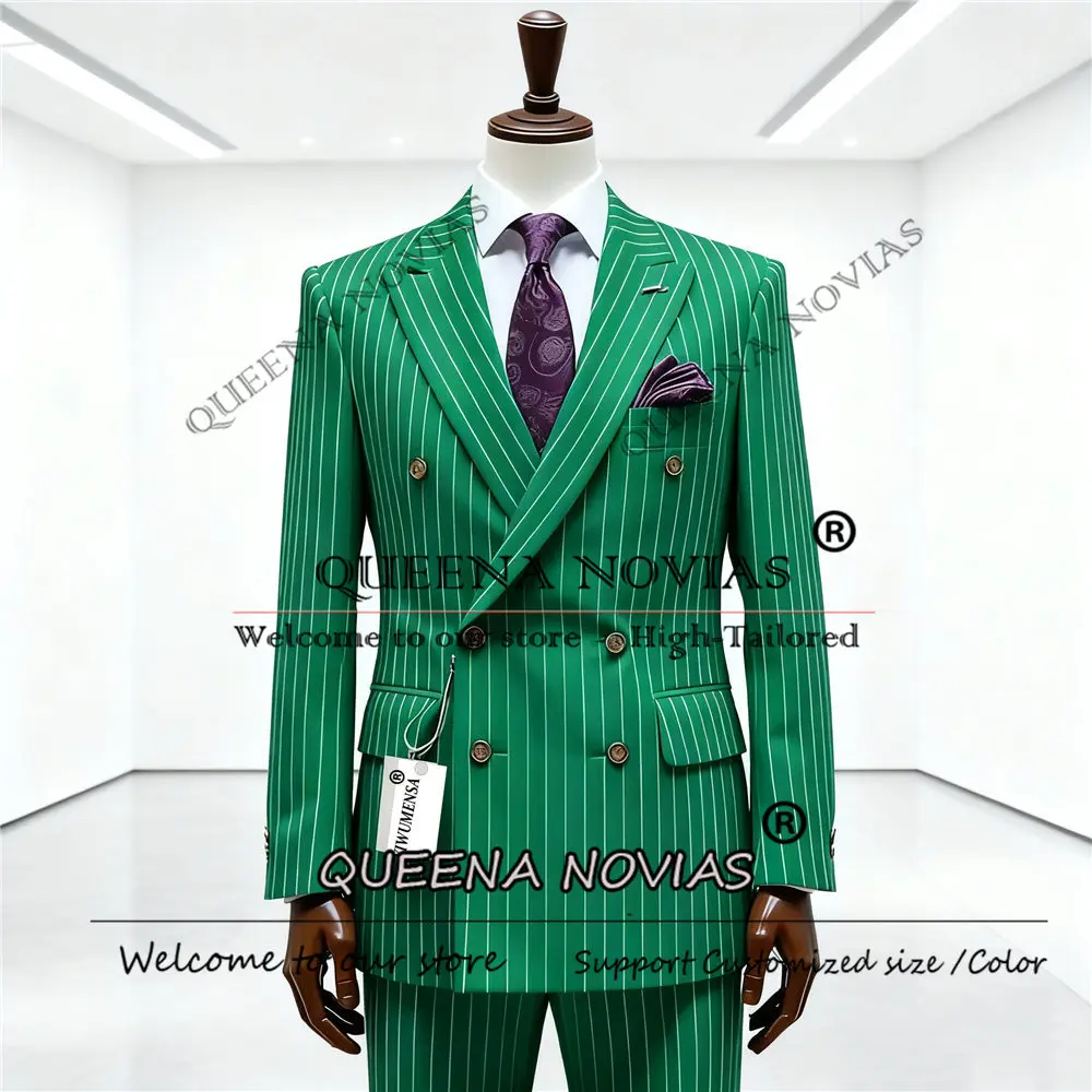クラシックな縦縞柄の新郎用ウェディングスーツ、2ピースセット、ダブルブレストジャケットとパンツ、カスタムメイドの男性用エレガントなスーツ