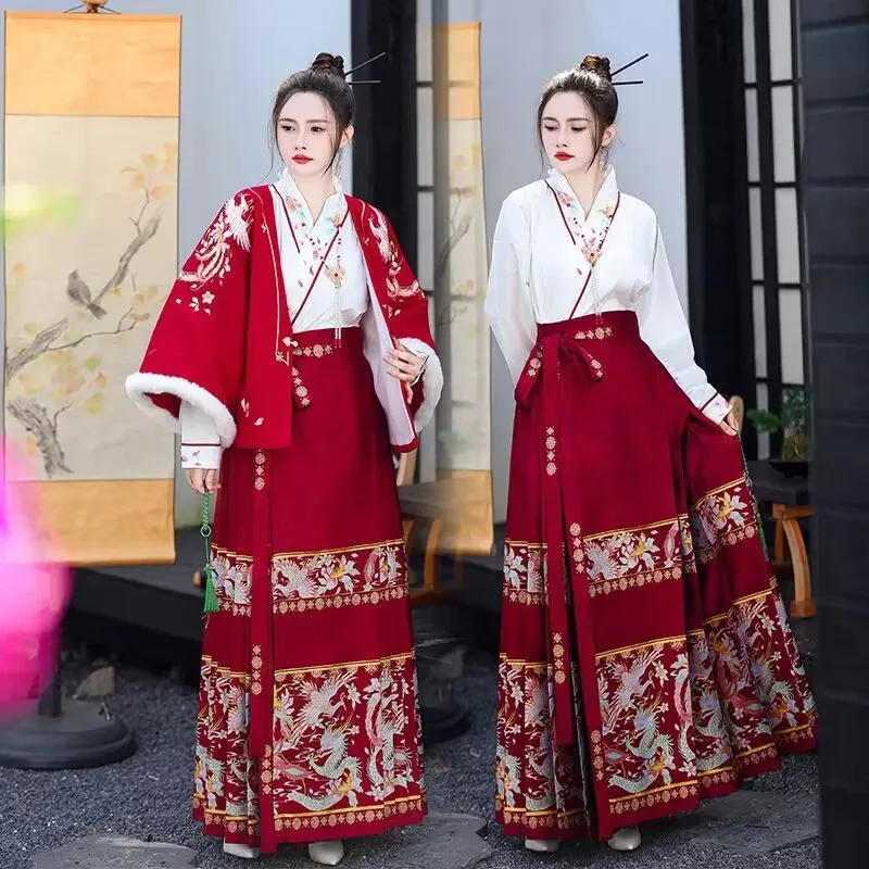 

Fit For 130kg Ladies New Year Costume Women Chinese Red White Embroidered Hanfu Cosplay Costume Winter Hanfu Suits Plus Size 4XL