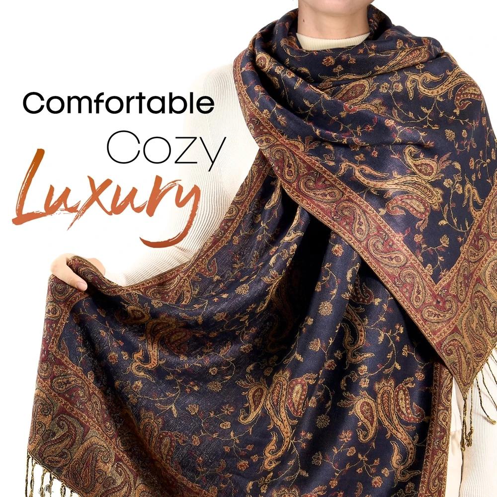 ผ้าพันคอ/ผ้าคลุมไหล่ลายดอกมะม่วงหิมพานต์ ดีไซน์พู่ห้อย นุ่มหรูหรา ปักลาย สำหรับฤดูใบไม้ร่วง/ฤดูหนาว  เครื่องประดับสำหรับงานปาร์ตี้สำหรับผู้หญิง