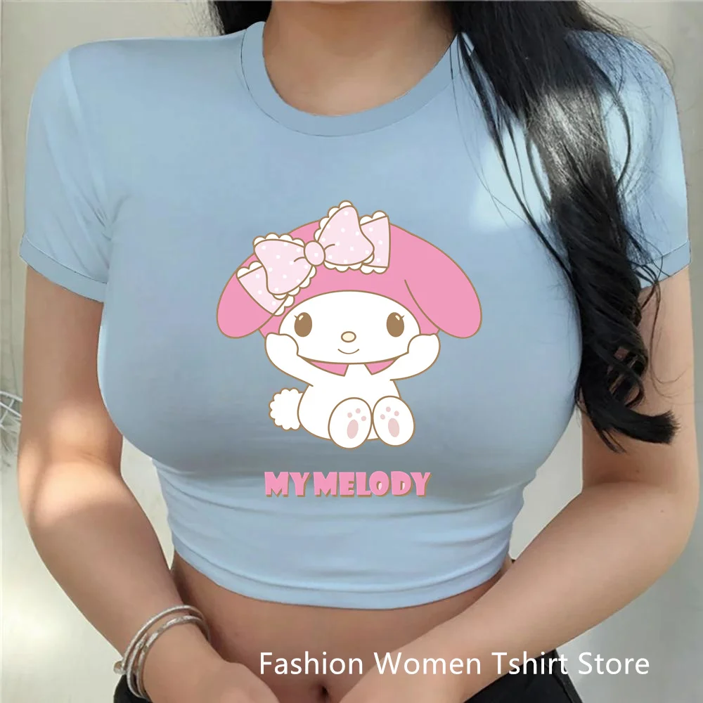 Fashion My melody Women's Sexy T-shirt Kawaii Print Female Clothing Cartoon Y2k Party Summer Crop Top Slim Fit T Shirt