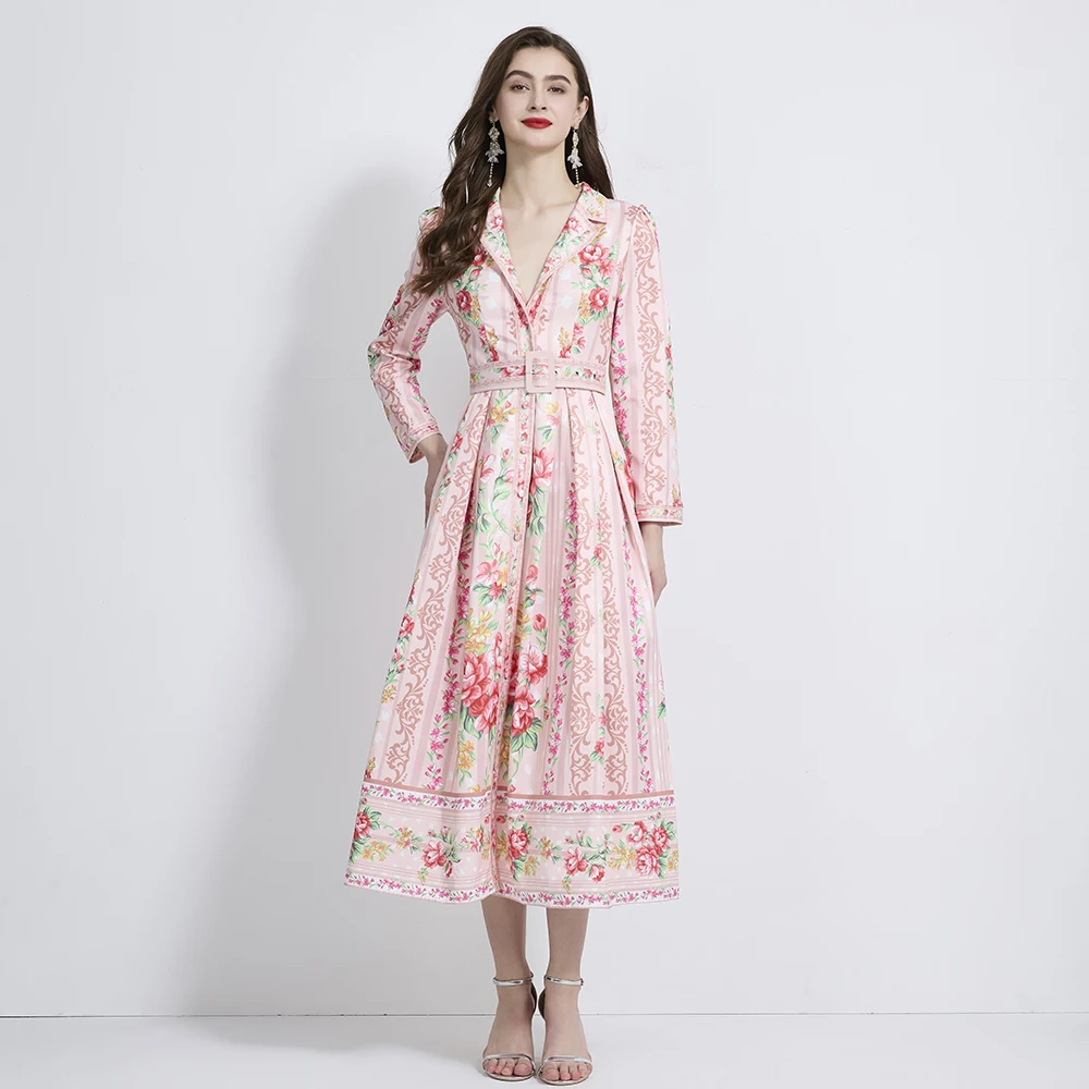 

Summer Holiday Flower Boho Robe Dress Women Long Sleeve Notched Belt A-Line Beach Party Vestido Buttons Up Maxi Clothes