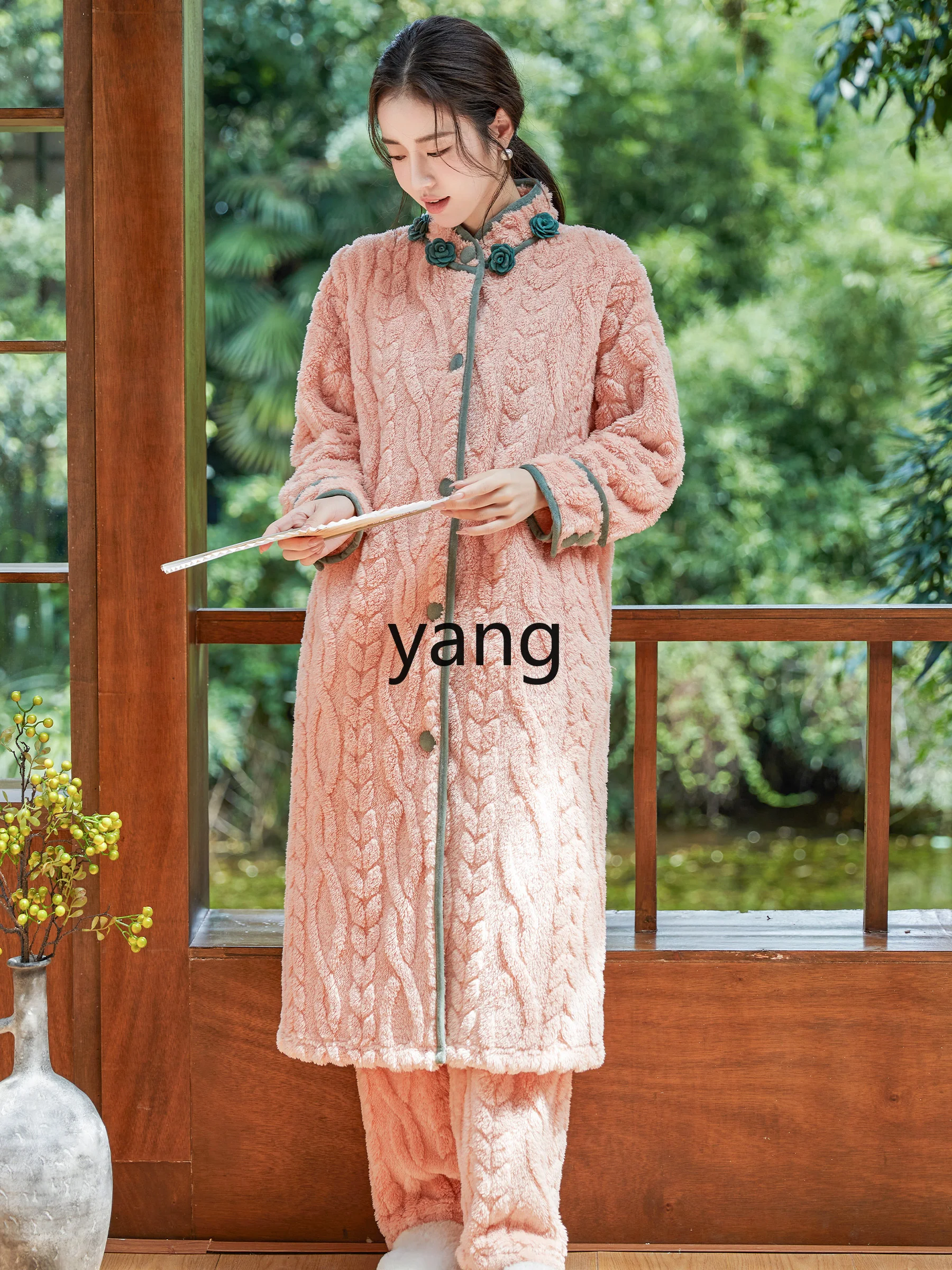 LMM autumn and winter coral fleece pajamas women's flannel nightgown fleece thickened warm long set