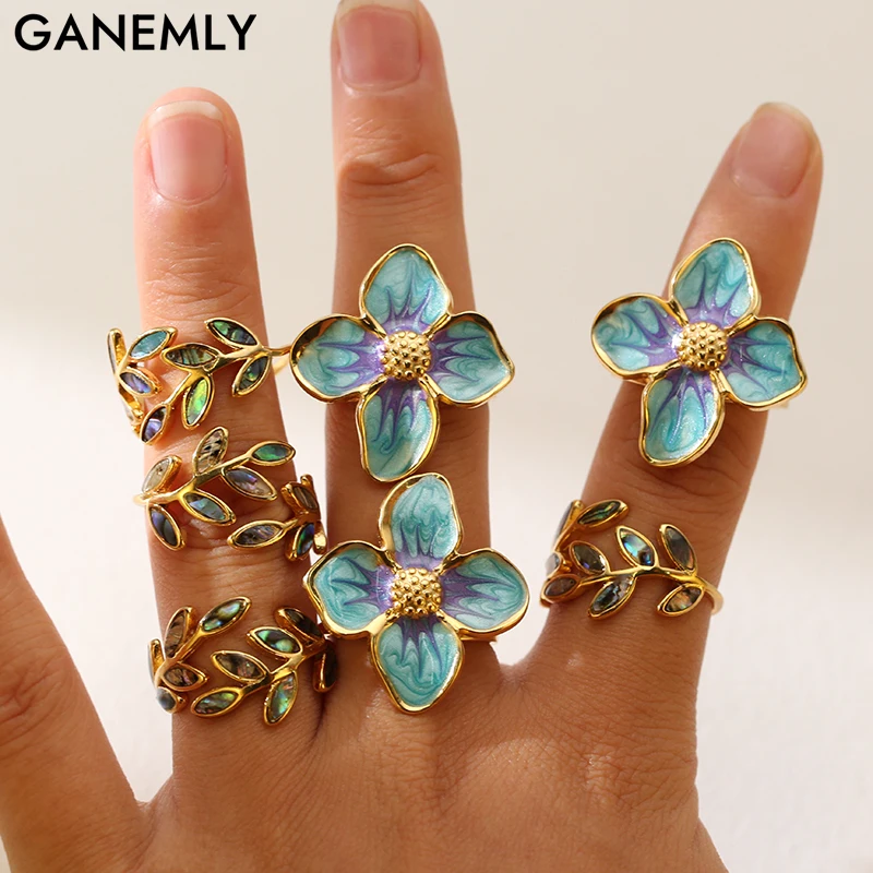 GANEMLY 316L Edelstahl emaillierte Blume Blatt Öffnung Ring für Frauen stilvolle Design wasserdicht Ringe Metall Schmuck