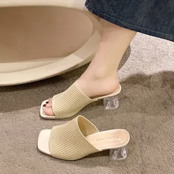 Women's Slippers Breathable Large Size Thick Heel Slip Sandals High Heels Breathable Transparent Thick Heel Slip Sandals