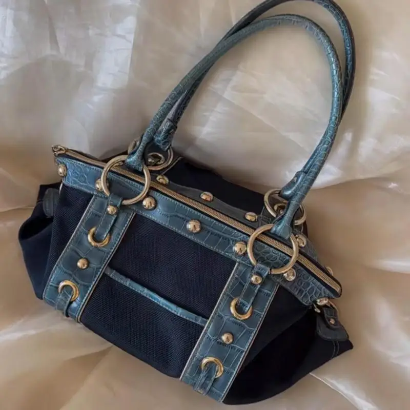 Hot Girl Retro High End Handbag Women Patchwork Large Capacity Shoulder Bag Ladies Y2k Aesthetics Harajuku Underarm Tote Bag New image 5