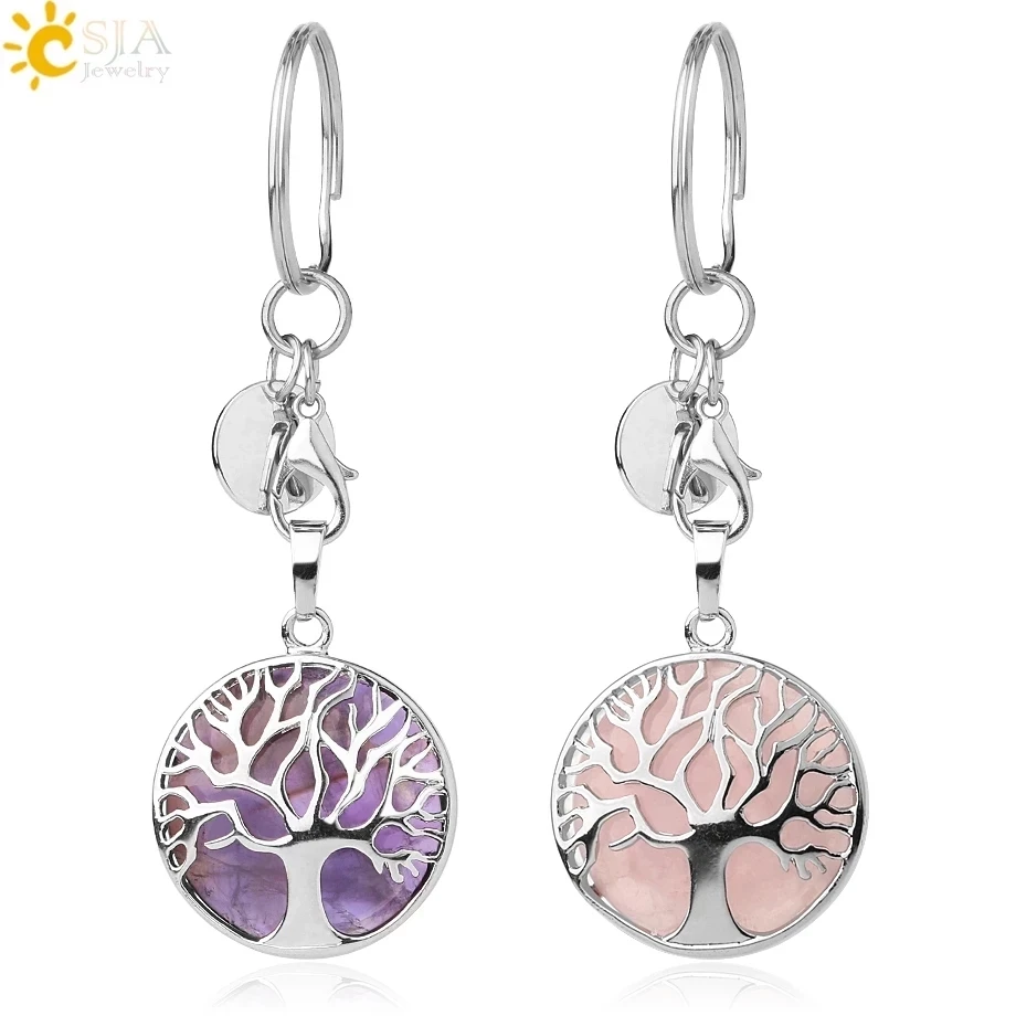 CSJA Luxury Natural Crystal Stone Original Keychain Tree of Life Keychain Lucky Key Ring Car Decor Christmas Women Men G498