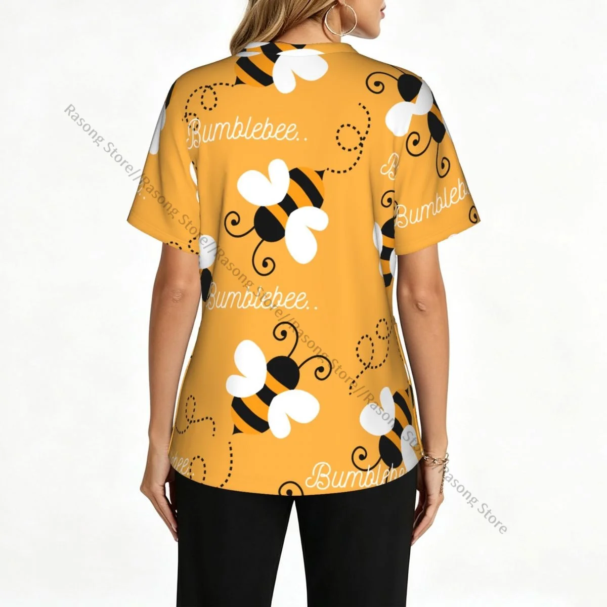 Women Scrubs Blouse Medical Nurse V-neck Clinical Scrubs Top Cute Honey Bee Animals Operating Room Work T-shirt