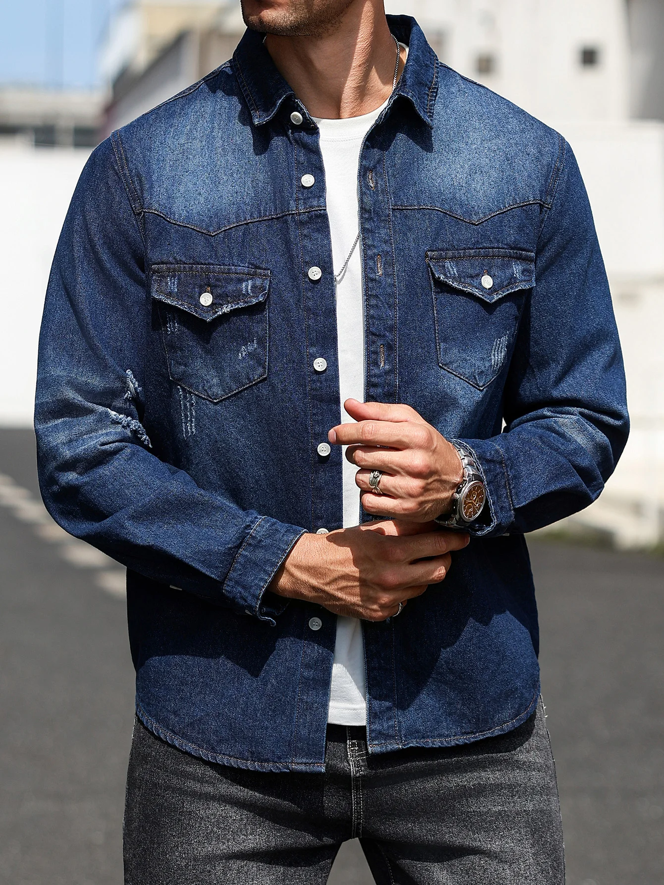 Men's dark blue distressed western-style denim shirt jacket, casual button-front layering streetwear top view 4
