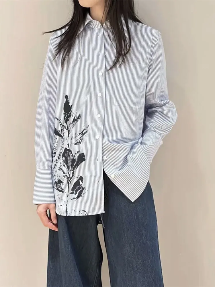 Autumn 2024 Women Floral Printed Shirt Long Sleeve Stripes Turn-Down Collar One Pocket Top Female Blue Blouse