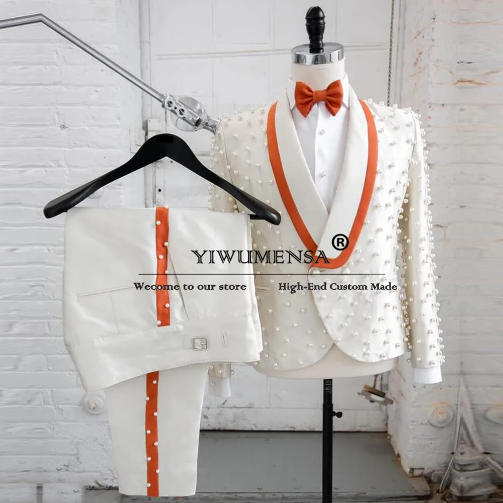 

Handmade Ivory Pearls Suits Men Shawl Lapel Jacket Pants 2 Pieces Set Groom Wedding Tuxedos Slim FIt Costume Homme Pour Mariage