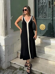 Fashion Contrast Spliced Halter Maxi Dress For Women Elegant V Neck Backless Front Split Robe 2024 New Ladies Holiday Vestidos