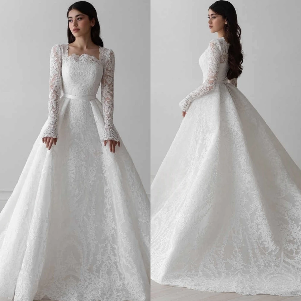 

Customized High Quality White Lace Wedding Dress Charming Long Sleeves Bridal Gowns Classic Square Collar A-Line Robe de mariée
