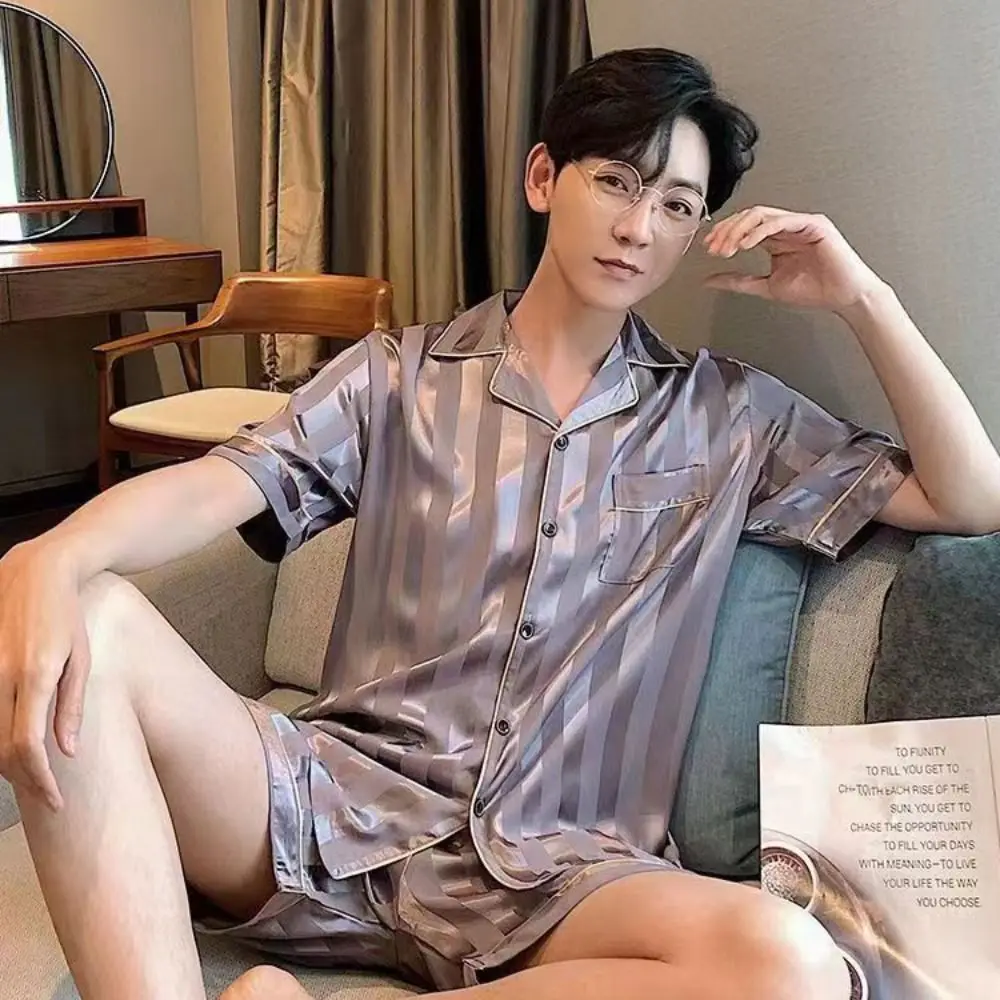 

Fashion Stripe Men’s Pajama Suit Satin Silk Grid Short Sleeve Nightwear Loose Homewear Two Pieces Sleepwear Home
