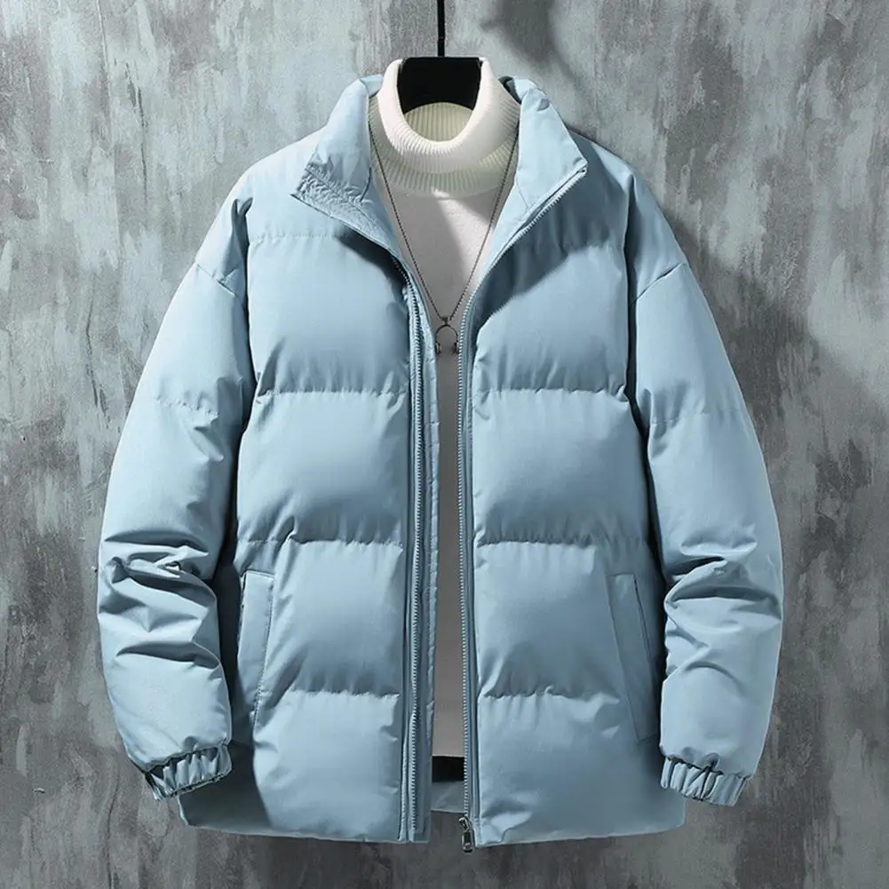 Men Coat Stand Collar Long Sleeve Zipper Closure Quilted Jacket Solid Color Thickened Loose Fit Puffer Coat with Side Pockets