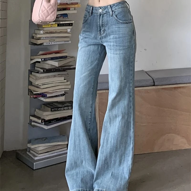 Damskie szerokie jeansy z szerokimi nogawkami na lato 2025, dzwony, spodnie dżinsowe rozszerzane, wysoki stan, vintage, elastyczne, luźne damskie spodnie typu flare.