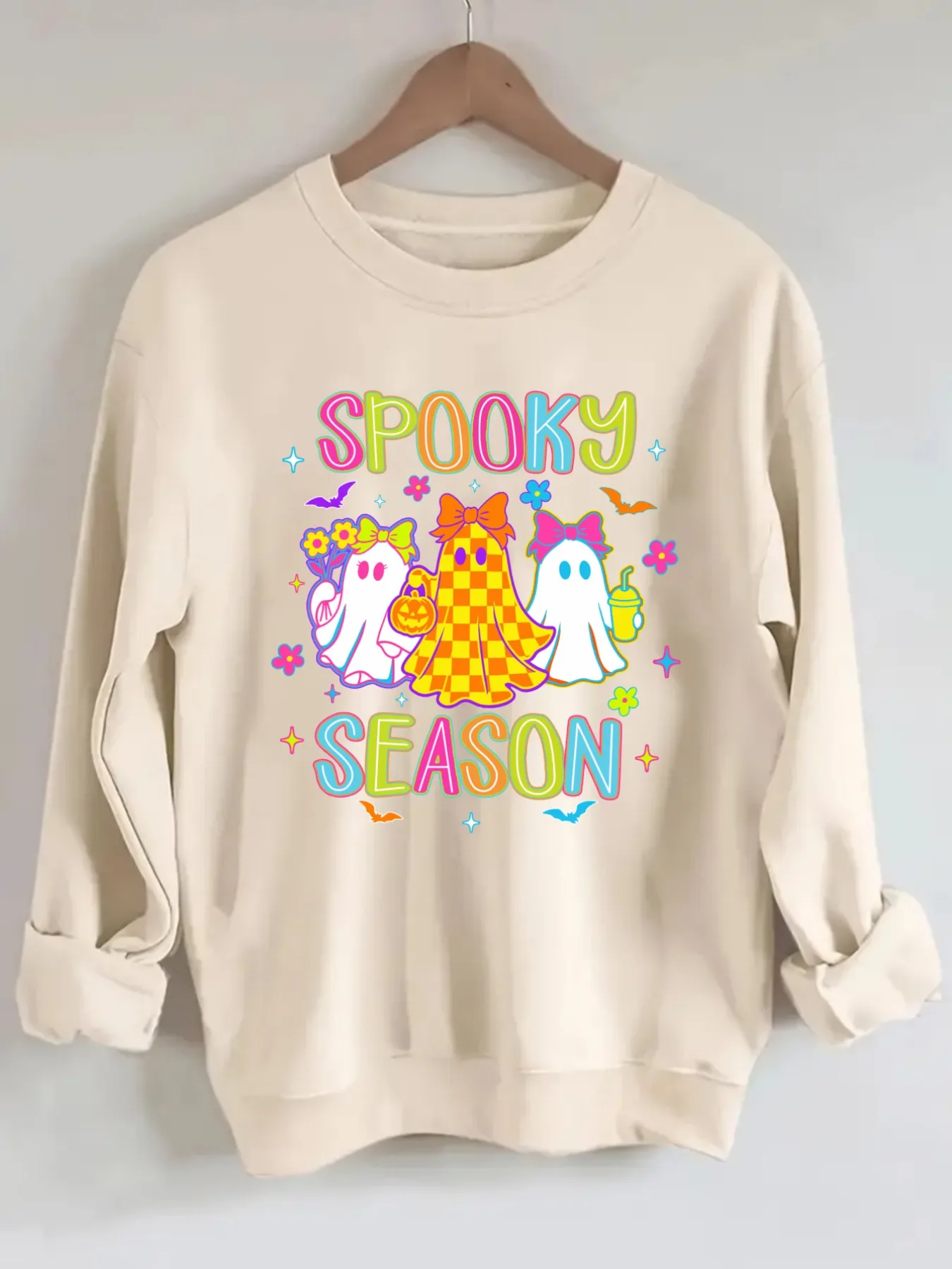 Women's Crew Neck Pullover Sweatshirt Spooky Season Ghosts Design, Soft Casual Long Sleeve, Daily Casual Top Outfit, Winter Women's Clothing, Halloween Costume Outfit