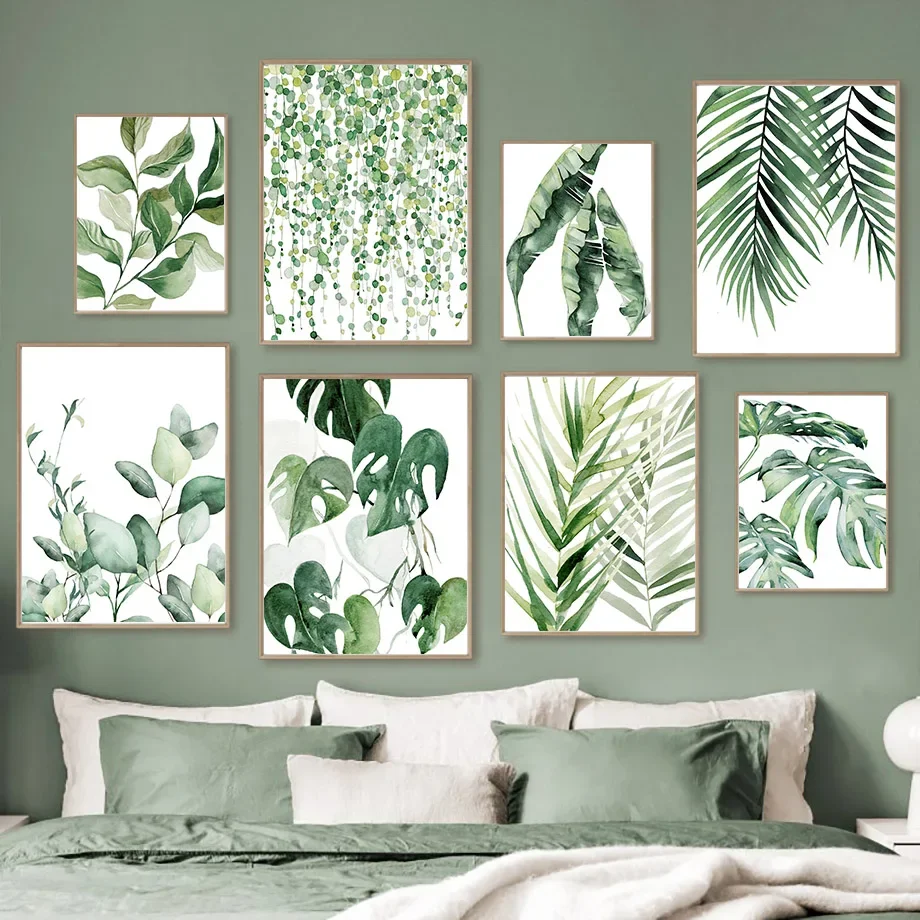 

Wall Art Canvas Painting Spring Green Watercolor Plant Leaves Palm Living Room Decor Nordic Posters And Prints Home Wall Pictrus