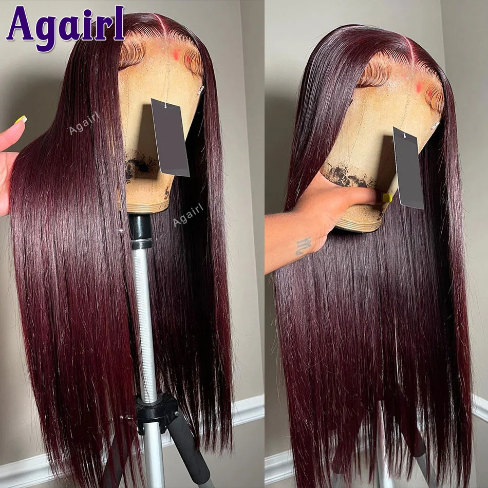 

34 36 Inch 13X6 13X4 Bone Straight Lace Front Wigs Human Hair 99J Dark Red 200 Density 5X5 Lace Closure Wig PrePlucked for Women