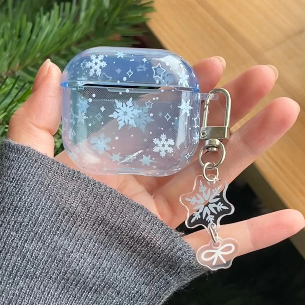 Cute Snowflake Gradient Blue Case For AirPods 4 ANC 2 3 Pro 2nd AirPod Pro2 Soft Clear Earphone Protective Cover with Keyring