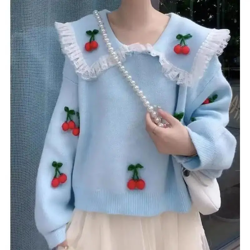 Vintage Cherry Jacquard Knitted Sweater Women Harajuku Autumn Peter Pan Collar Long Sleeve Jumper Top Sweet Loose Knitwear U1012