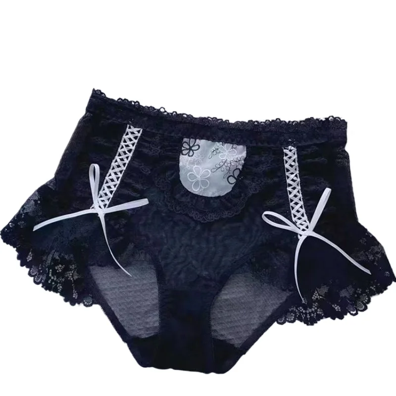 French Bow Lace Embroidered Pure Desire Underwear Women's Fattened High Waist Sexy Hollow Mesh Briefs Smooth and Soft Panties
