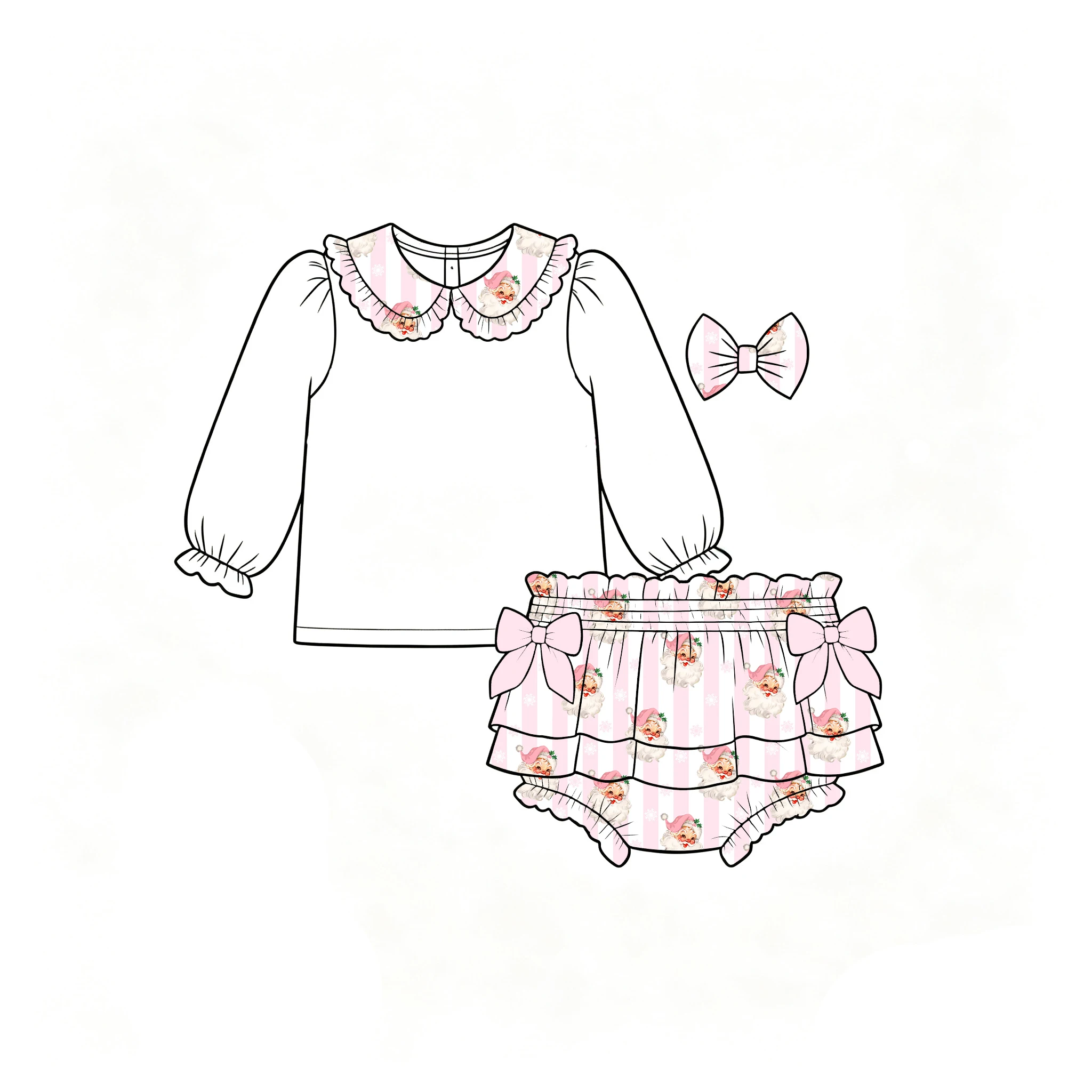 Christmas Boutique Kids Sets Lapel Ruffle Long Sleeve Top and Elastic-waist Shorts Bow Decoration Santa Print