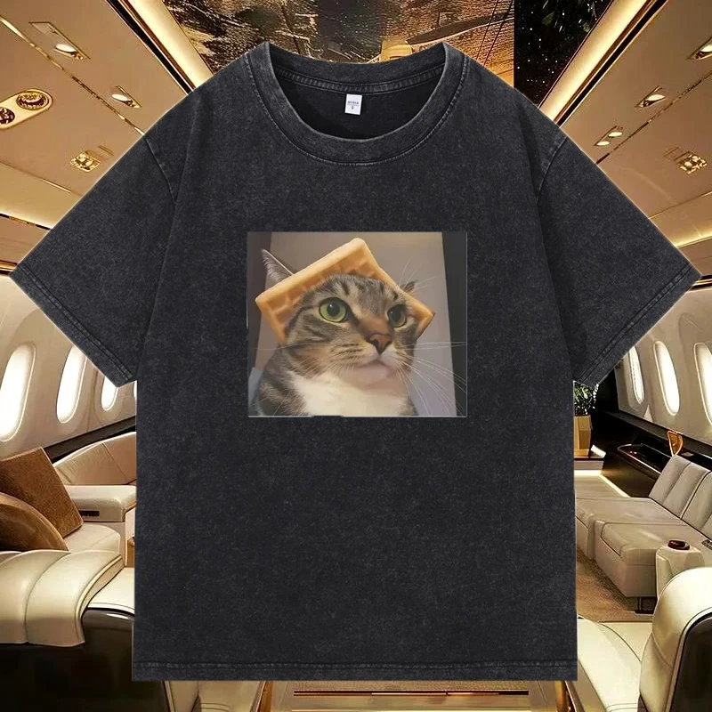 Funny Cat 230g High-street Oversized Washed T Shirt Men Vintage 100% COTTON Casual T-shirts Streetwear Wash Woman Loose Tops