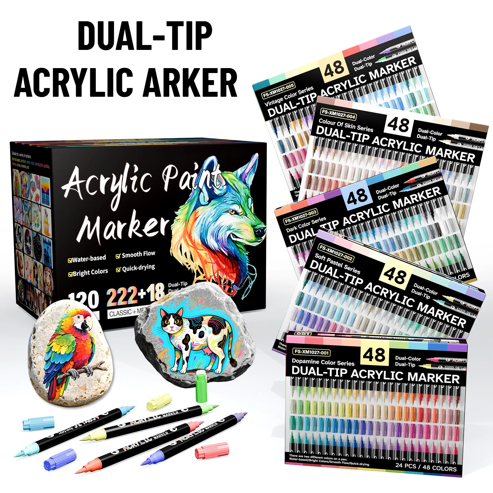 24 Dual-Color Acrylic Paint Markers, 48 Colors in 24 Dual-Tip Pens, Water-Based Quick-Drying Paint Pens for Rock Painting, Canvas, Wood, Glass, Ceramic, DIY Crafts and Art Projects