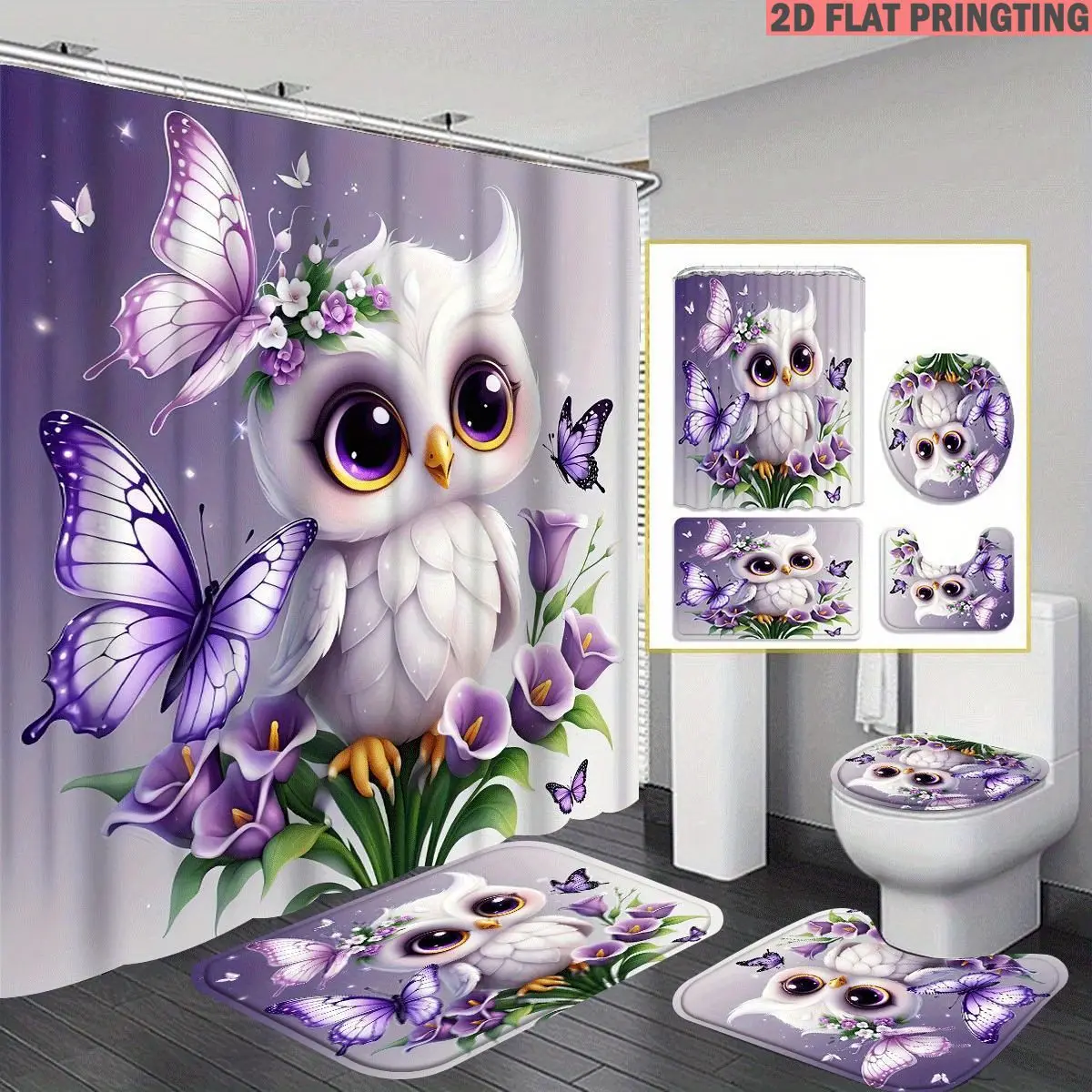 1pc/4pcs Shower Curtain and Bath Mat Set with Print Pattern Owl Butterfly Flower Purple White Non-Slip Bathroom Decor