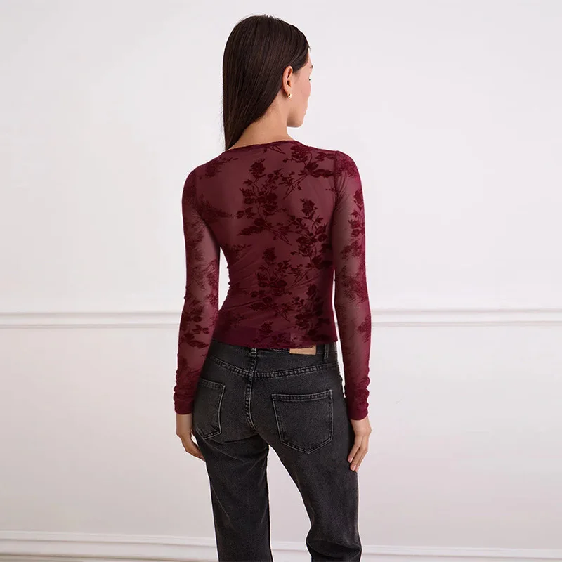 Sexy Slim Fit Long Sve V Ne Top Europäisches SLE Loose Fit Polyester Stoff Damen T-Shirt Thiened Herbstsaison