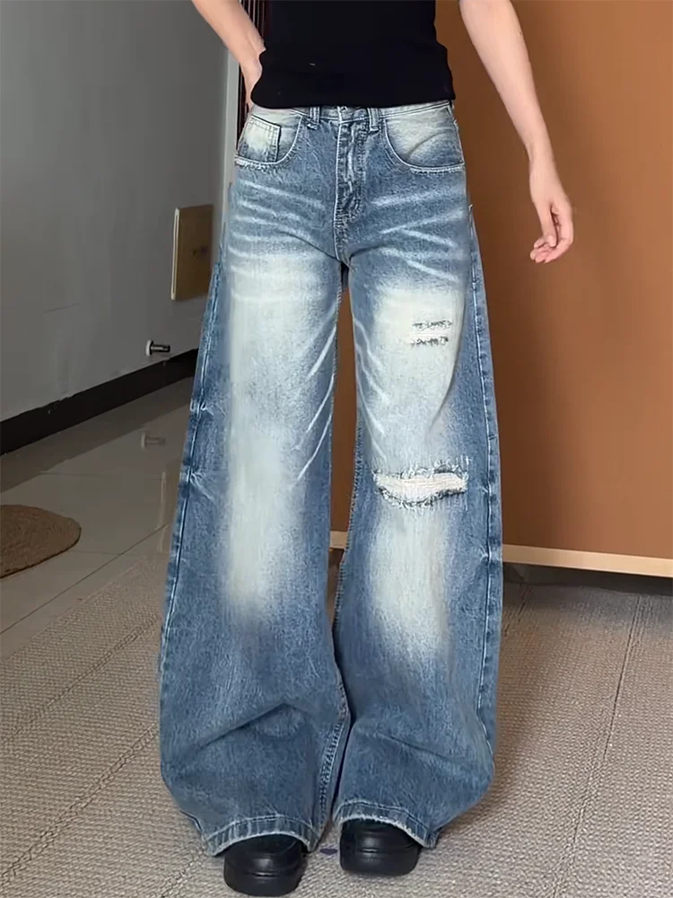 

Large Size American Washed Faux Hole Wide Leg Jeans Women Slimming Loose Casual Versatile Wide Leg Pants