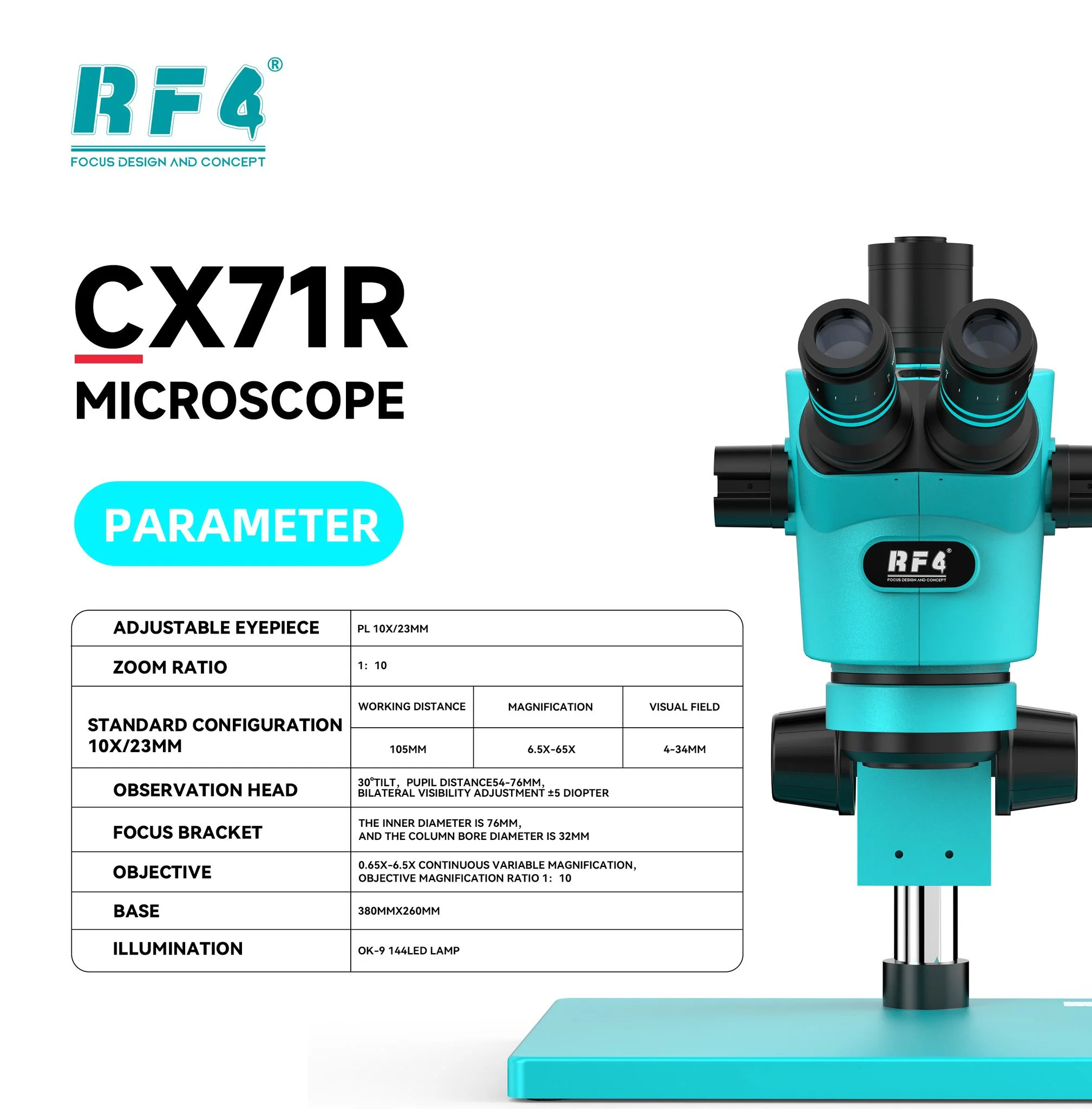 RF-CX71R 6.5*65X Microscope More Comfortable Angle to Protect The Neck 30 Degree/Larger Range of Imaging Clarity