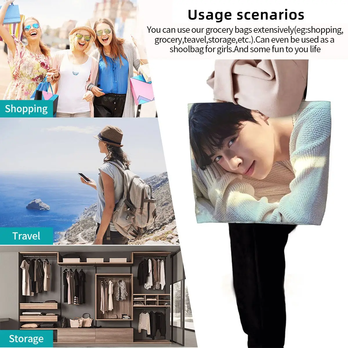 Cha EunWoo Kpop Astro Shopping Tote Bag Canvas Large Capacity Shoulder Bags Shopper Grocery Handbag for Women