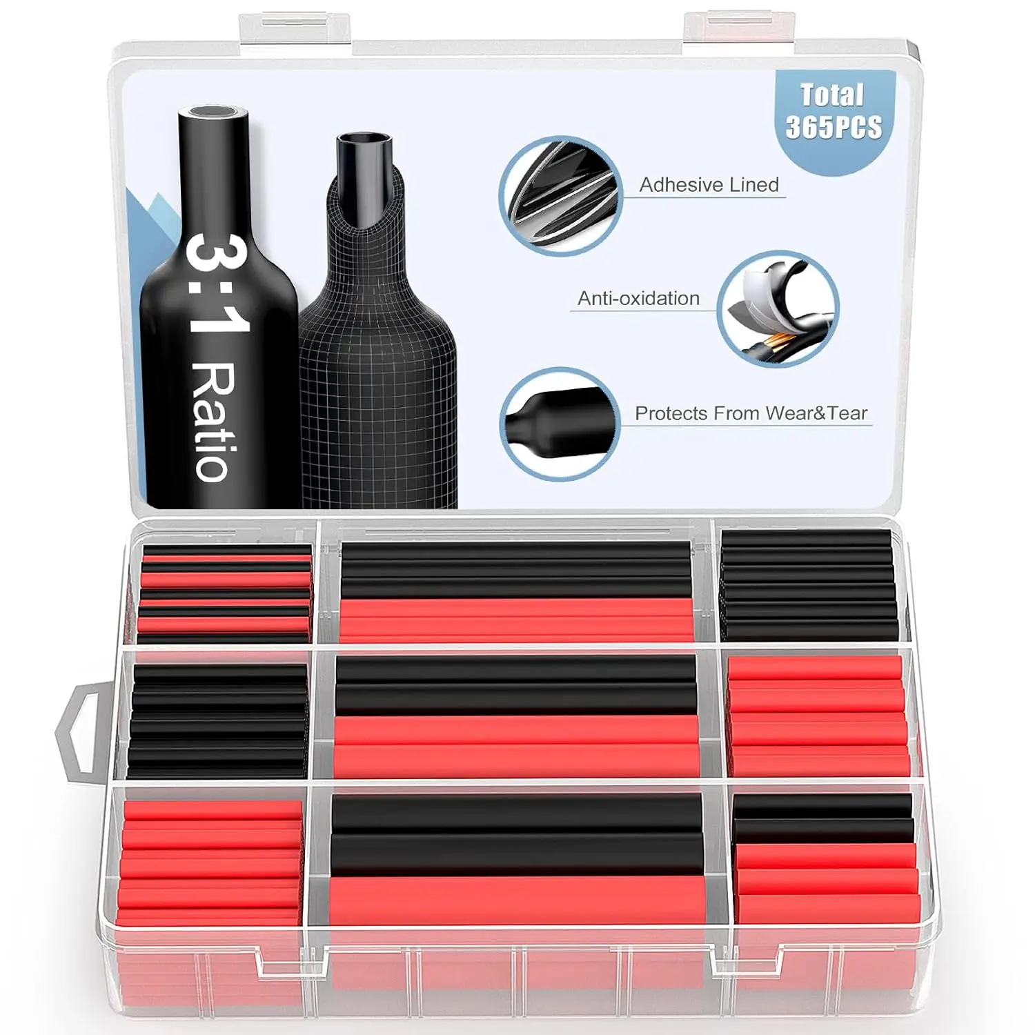 365-teiliges Schrumpfschlauch-Set mit Übersetzungsverhältnis 3:1, 5 Größen (Durchmesser): 1/8, 1/4, 3/16, 3/8, 1/2 Zoll, Sortiment an Elektrokabeln