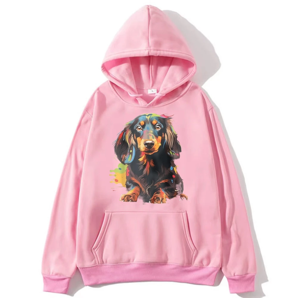 Artistic Dachshund Hoodies Retro Turkish Puppy Gift Abstract Paint Splatter Dog Portrait Unisex Long Sleeve Hoodie Casual Hoody
