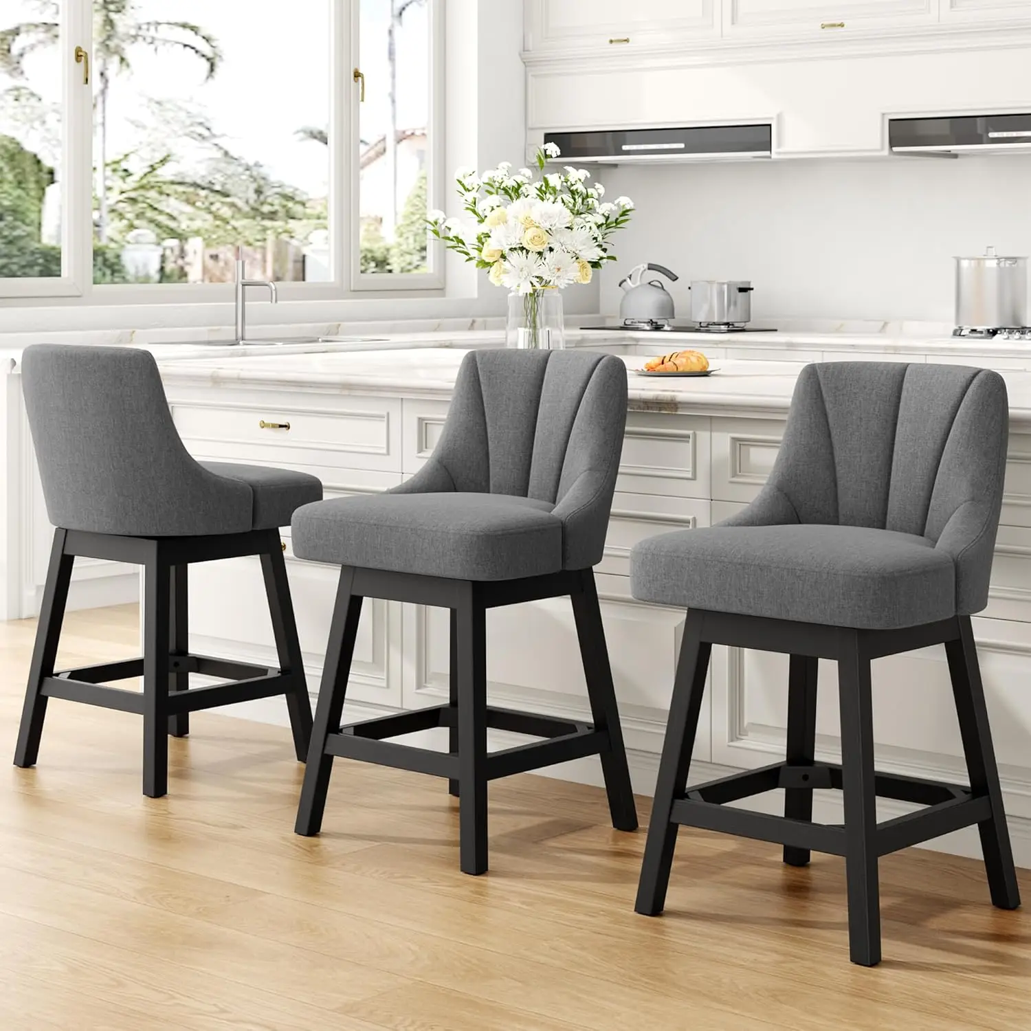 

Swivel Bar Stools Set of 3, Fabric Upholstered Counter Height Barstool, 26" Modern Kitchen Island Chairs with Back, Customized