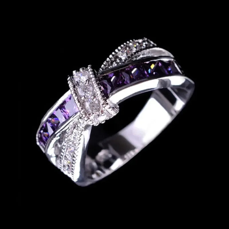 

Beautiful Pretty Fashion Wedding Party White Gold 925 Plated Silver 925 Plated NICE Women Purple Crystal Lady Ring Jewelry