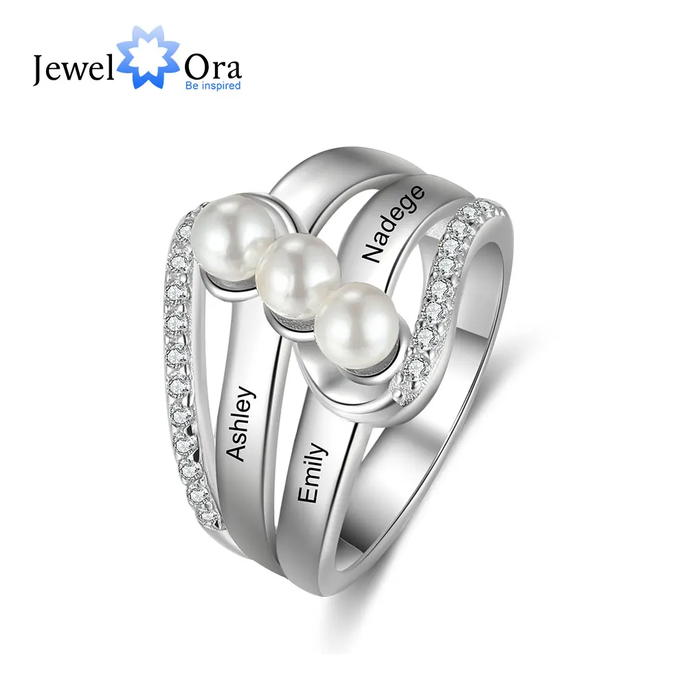 Personalized Family Name Engraved Rings for Women Custom 2-4 Names Pearl Rings for Mom Gift for Grandma Mothers Day Gifts