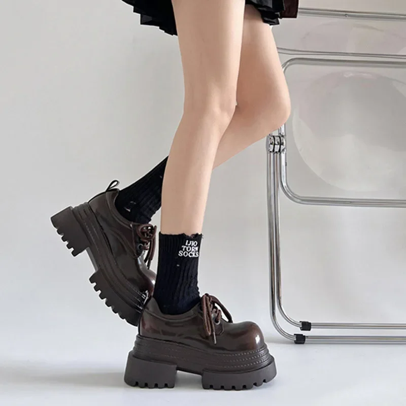 

Модные женские туфли-лодочки, черные весенне-осенние туфли на толстой подошве, увеличивающие рост, одинарные туфли, лоферы на массивном высоком каблуке