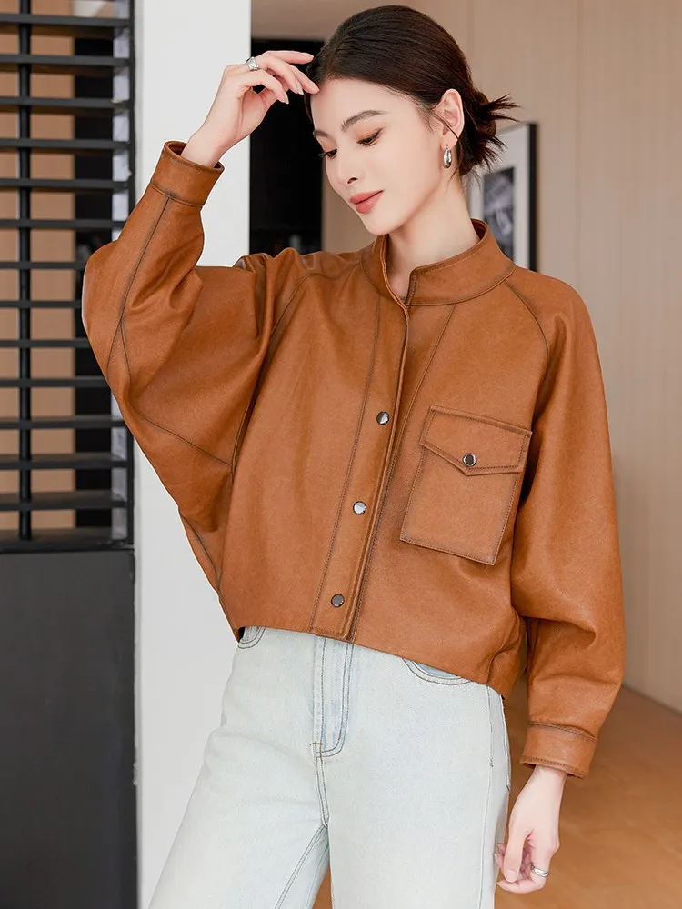 Women Natural Sheepskin Stand Collar Short Jacket Single Breasted Brown Batwing Sleeve Genuine Leather Coat Motorcycle Jackets