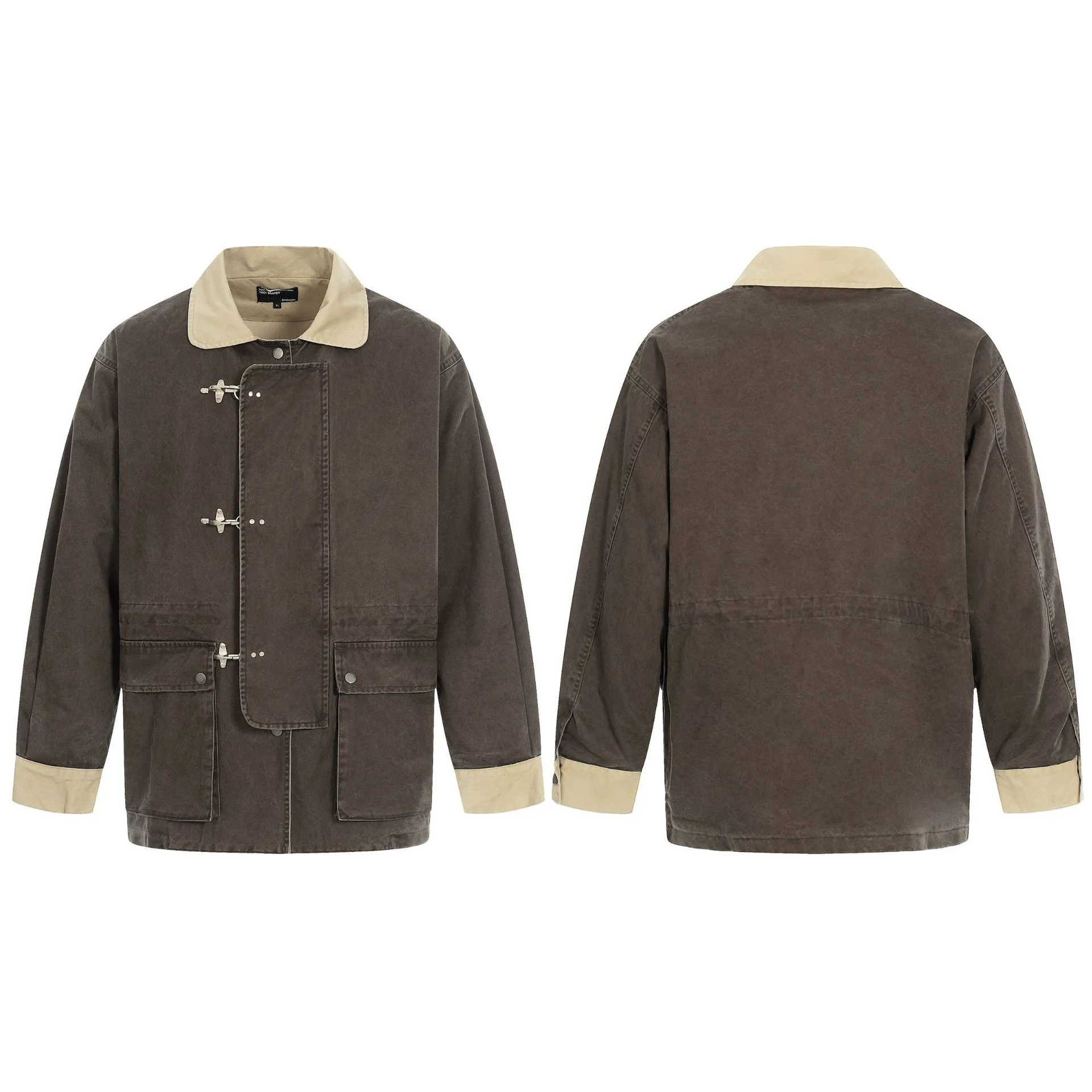

Мужская куртка в американском ретро-стиле Color Block Detroit Workwear с пэчворк-дизайном, отложным воротником, длинными рукавами, из хлопка, повседневная верхняя одежда